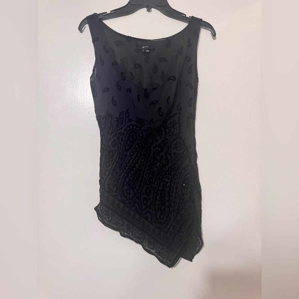 By ECI, sheer black velvet blouse. Paisley design. Size 4!